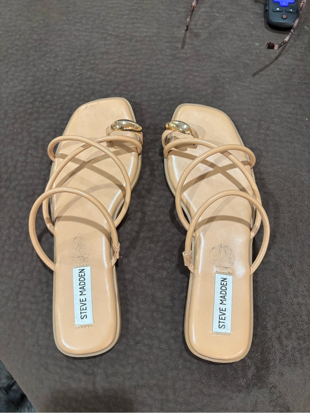 Steve Madden Beige Strappy Slide Sandals with Gold Accent